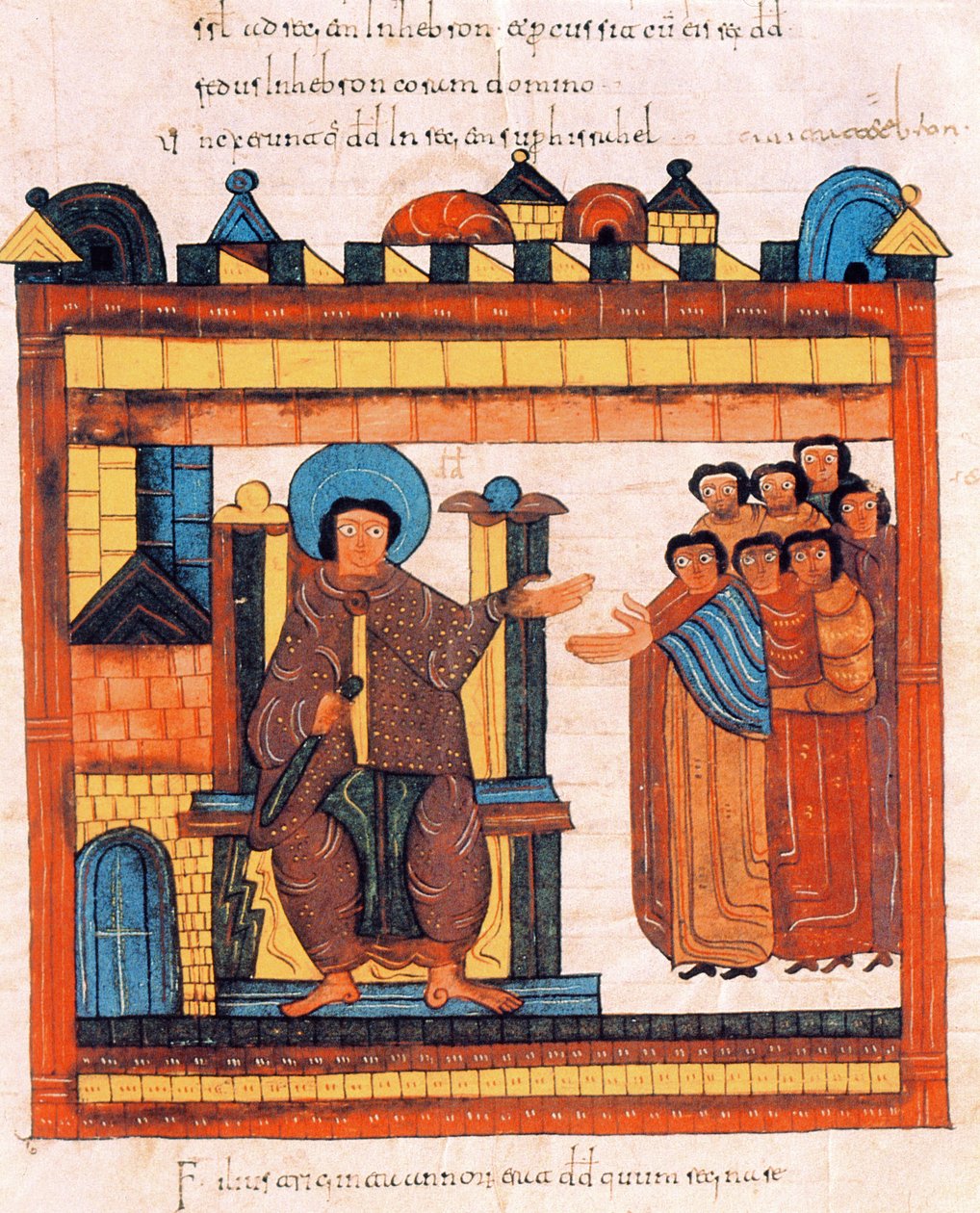 Kong David satt på sin trone og omringet av hoffet sitt, fra den visigotisk-mosarabiske bibelen til St. Isidores, fol.126r., 960 e.Kr. (tempera på vellum) av Spanish School