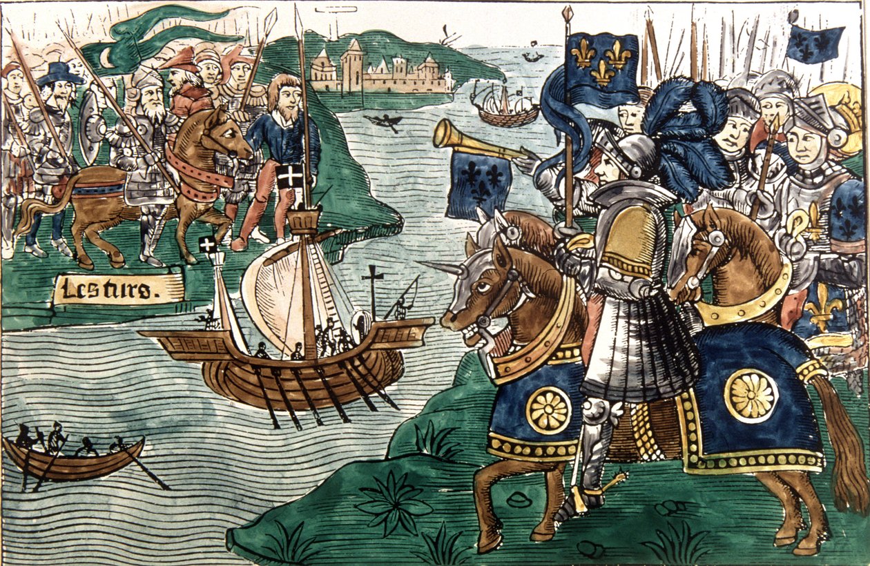 Kong Ludvig IX (1214-70) og korsfarerne ankom Kartago i 1270 (vellum) av Spanish School