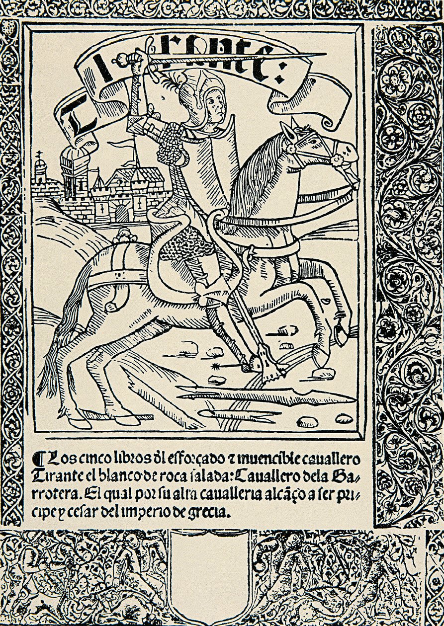Ridder på sitt fjell, Frontispice av det spanske verket Tirant lo Blanc av Joanot MARTORELL (1413-1468) av Spanish School
