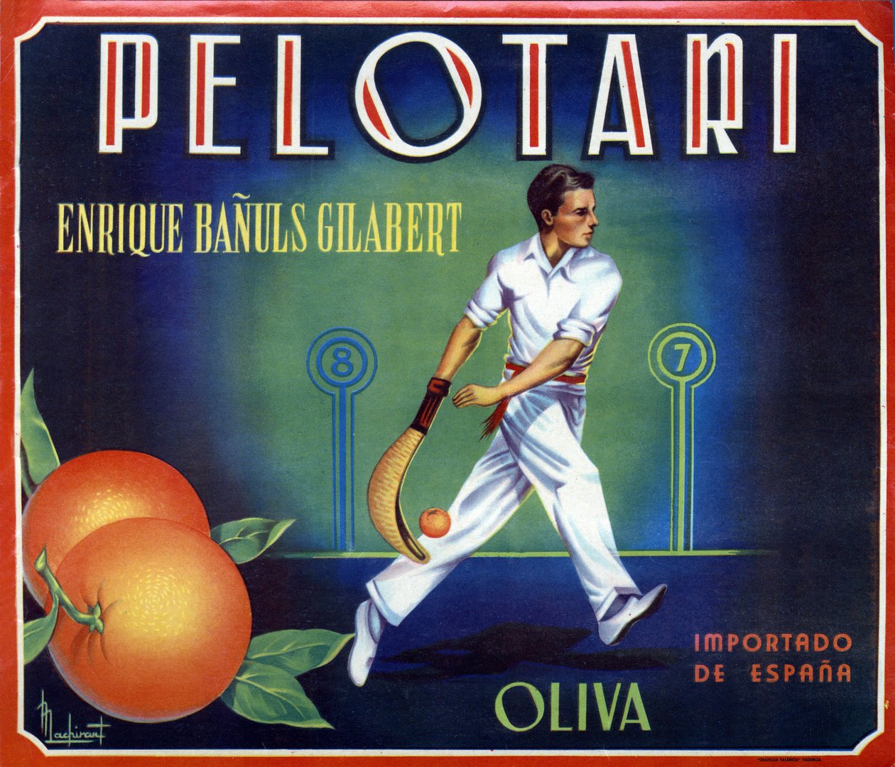 Etikett for appelsiner "" Pelotari"" produsert av Oliva i Valencia, Spania. Illustrasjon av en baskisk ballspiller, 1900-tallet. av Spanish School
