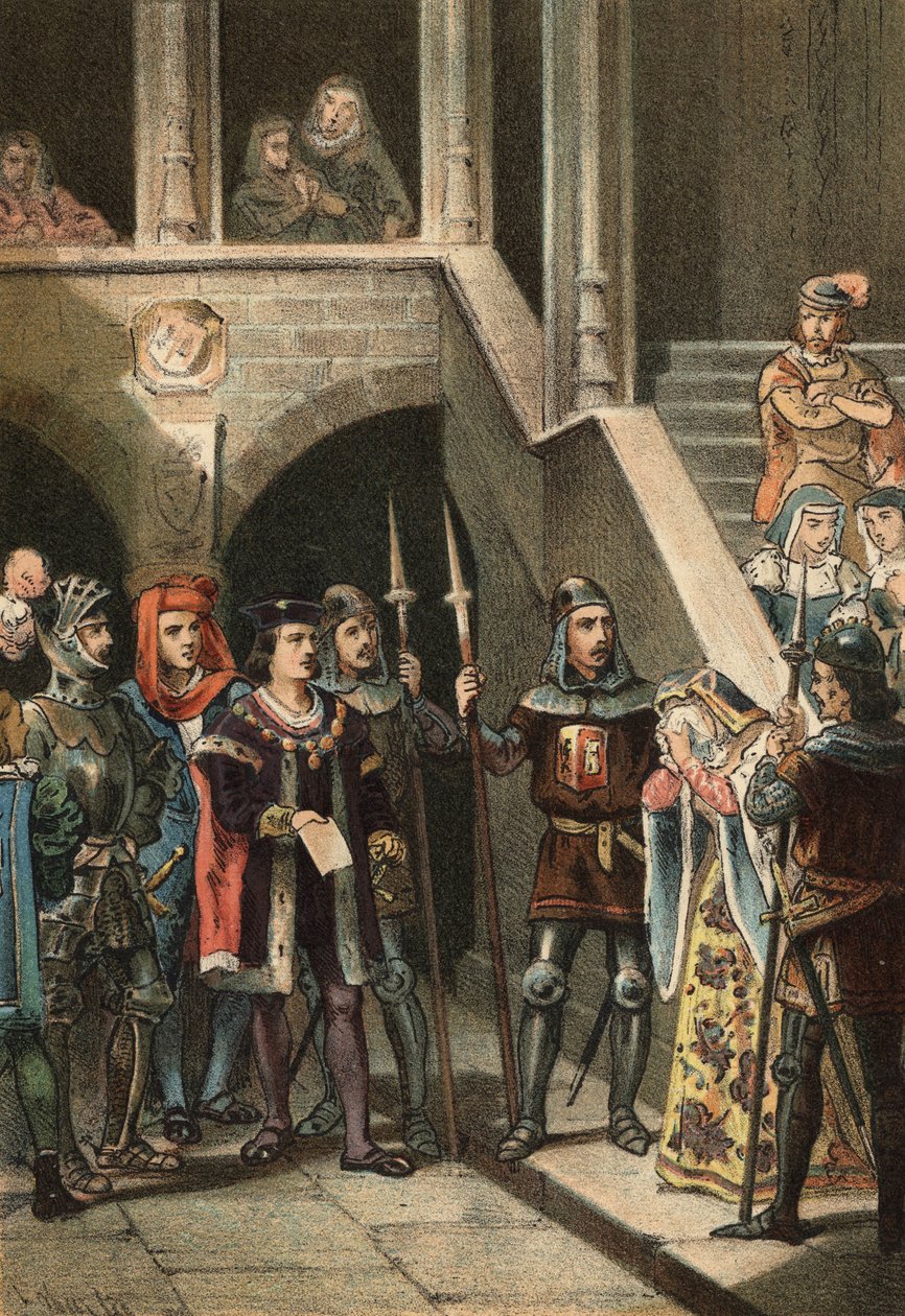 Leonor de Guzman favorite of King Alfonso XI stopped and executed by Don Alfonso Fernandez de Olmedo, under the order of Queen Mary of Portugal, in the 14th century. in “” El Culto de la Hermosura”” by Juan Justo Huguet, Molinas Hermanos editores av Spanish School