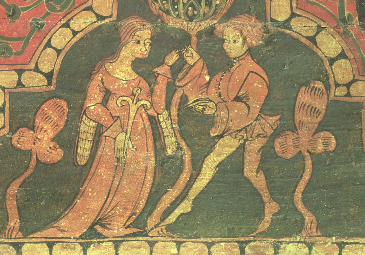 Kjærlighetsscene, detalj av panel fra Penafiel-slottet, Valladolid, verksted til Claustro de Silos (olje på panel) av Spanish School