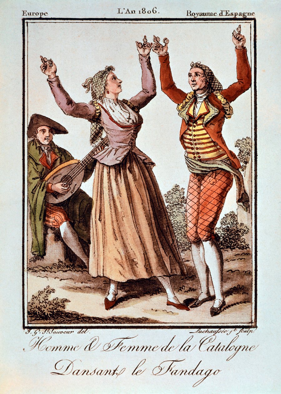 Mann og kvinne fra Catalonia danser Fandango, Europa, Spania av Spanish School