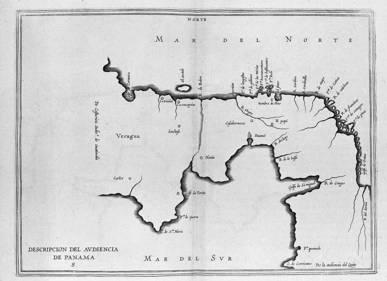Kart over Mellom-Amerika (Panama) fra et spansk bind av reiser fra begynnelsen av 1600-tallet. Kartet er orientert på den eldgamle modusen (nord øst til øst) og Atlanterhavet kalles Nordsjøen og Stillehavets sørhav. av Spanish School