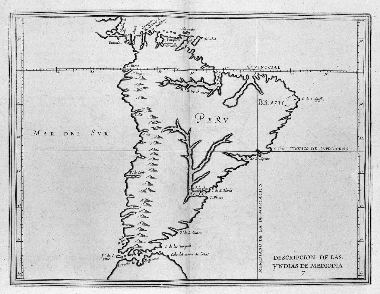 Kart over Meridionale America (Sør-Amerika eller Latin-Amerika) fra et spansk bind av reiser fra begynnelsen av 1600-tallet. Stillehavet kalles Sørhavet og landene Peru og Brasil er navngitt samt ekvatorlinjen og av Spanish School