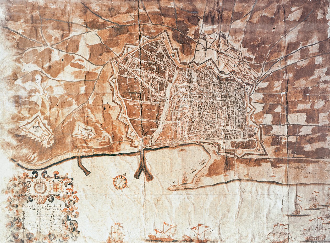 Kart over byen Barcelona, 1697 av Spanish School