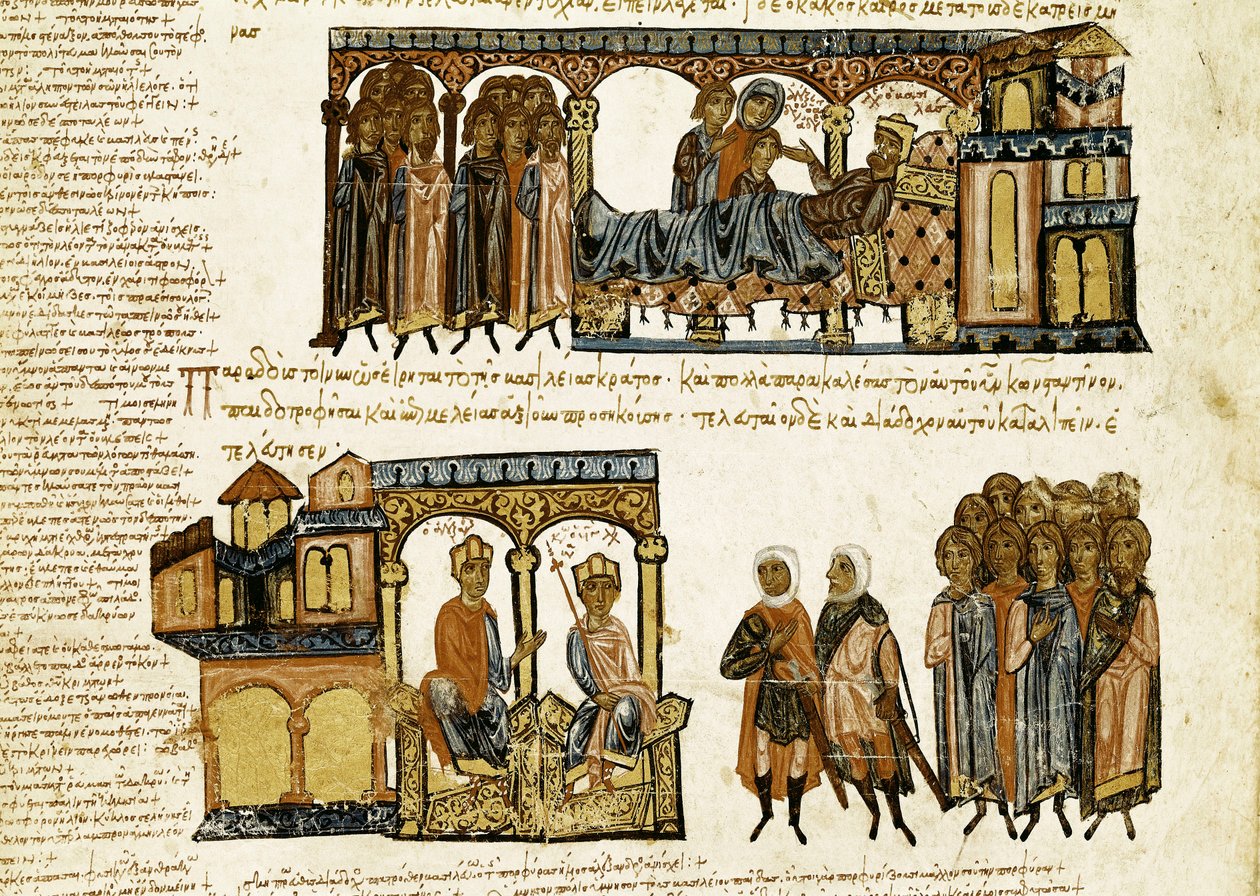 Miniatyr fra "Synopsis historiarum" eller "Byzantine Chronicles" (Historier om de bysantinske kongene og hendelser fra 811 til 1057) av John (Johannes eller John) Scylitza (eller Skylitzes eller Scylitzae) (1000-1100-tallet) av Spanish School