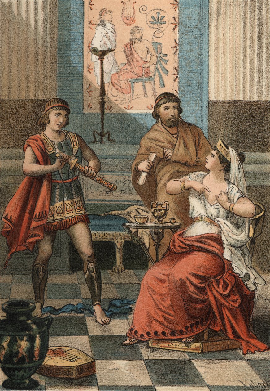 Monime, Queen of the Pont ba under ordre fra ektemannen Mithridate VI Eupator om at hun ble drept for ikke å falle i hendene på romerne (72 f.Kr.). i «The Cult of Beauty» av John Just Huguet, Mill Brothers forlag av Spanish School