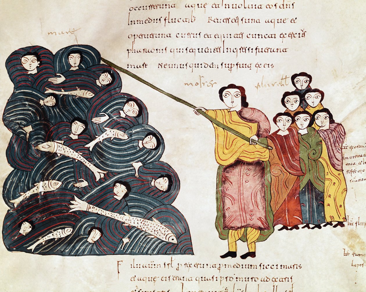 Moses, etter å ha tatt Israels folk over Rødehavet, så egypterne drukne. Miniatyr fra en mosarabisk bibel. 10. århundre. Leon. Biblioteket til Royal Collegiale of Saint Isidore. av Spanish School