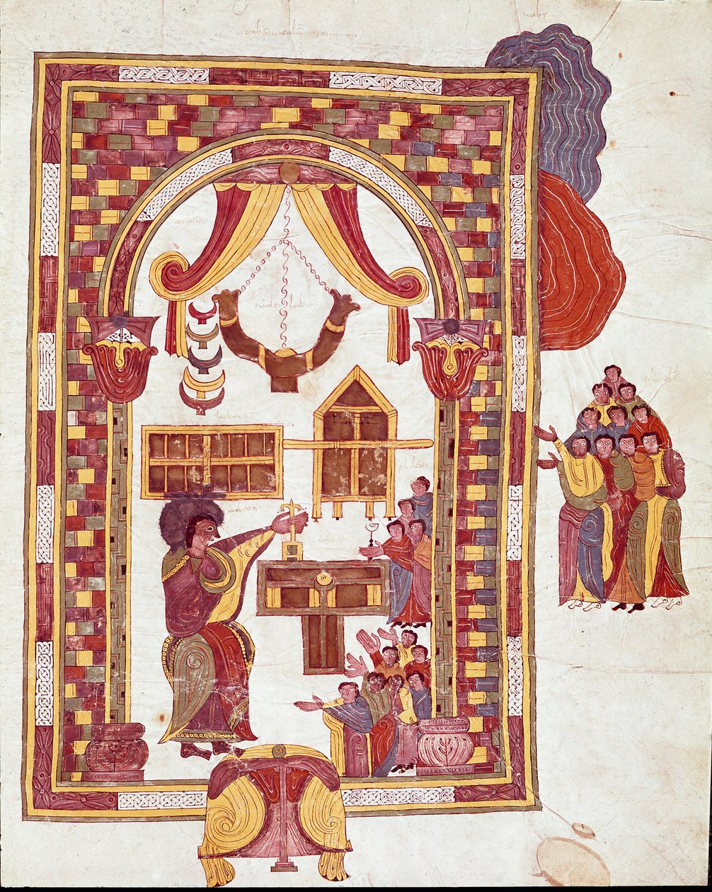 Mosarabisk kunst: "" Jerusalems tempel, Aron er representert som en yppersteprest foran et alter." Miniatyr fra en mosarabisk bibel. 10. århundre. Leon. Biblioteket til Royal Collegiale of Saint Isidore. Spania av Spanish School