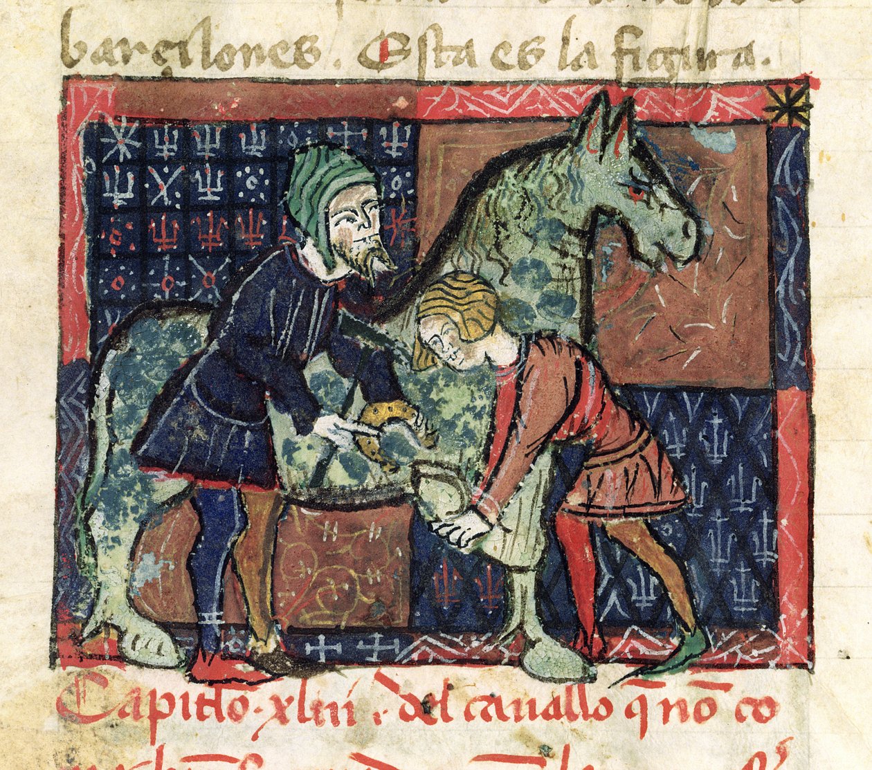 Ms 214 fol.46v Skoe en hest, fra Libro de Menescalcia y Albeyteria av Juan Alvarez, ca. 1390 av Spanish School