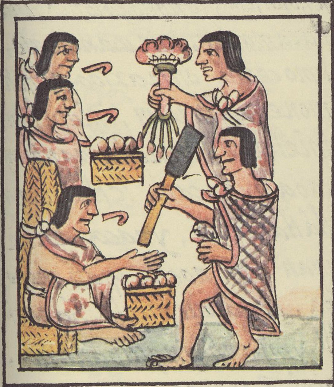 Fru Palat. 218-220 En aztekisk fest, fra den florentinske kodeksen av Bernardino de Sahagun, ca. 1540-85 av Spanish School