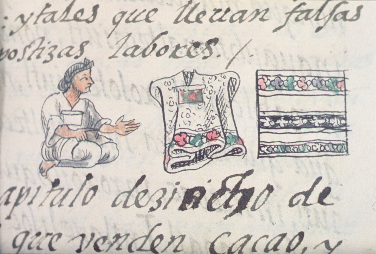 Fru Palat. 218-220 Bok IX En aztekisk kjøpmann som selger kapper, fra den florentinske kodeksen av Bernardino de Sahagun, ca. 1540-85 av Spanish School