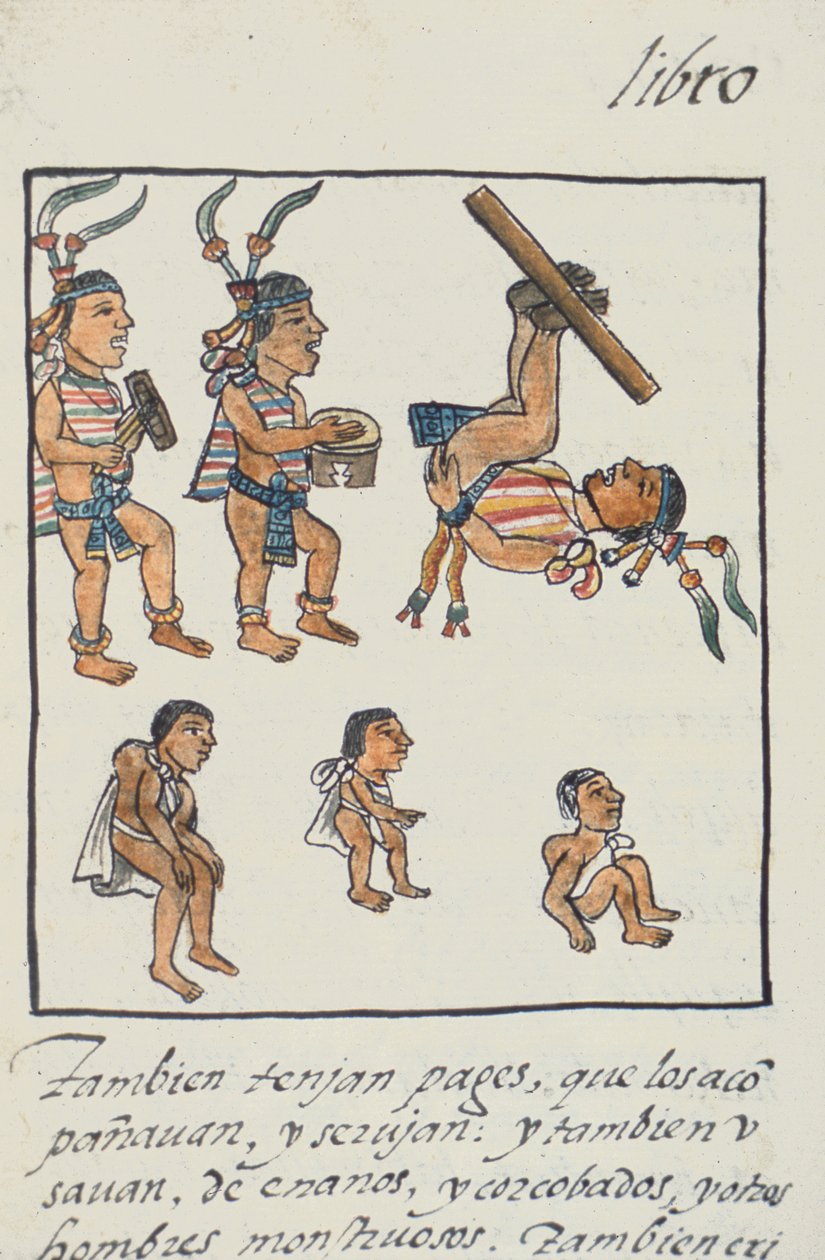 Fru Palat. 218-220 Bok IX Aztec-underholdere, musikere, sjonglører og pukkelrygger, fra den florentinske kodeksen av Bernardino de Sahagun, ca. 1540-85 av Spanish School