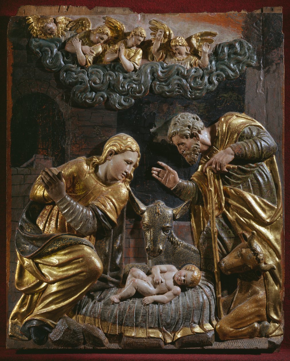 Nativity, detalj av en renessansealtertavle (malt og forgylt tre) av Spanish School