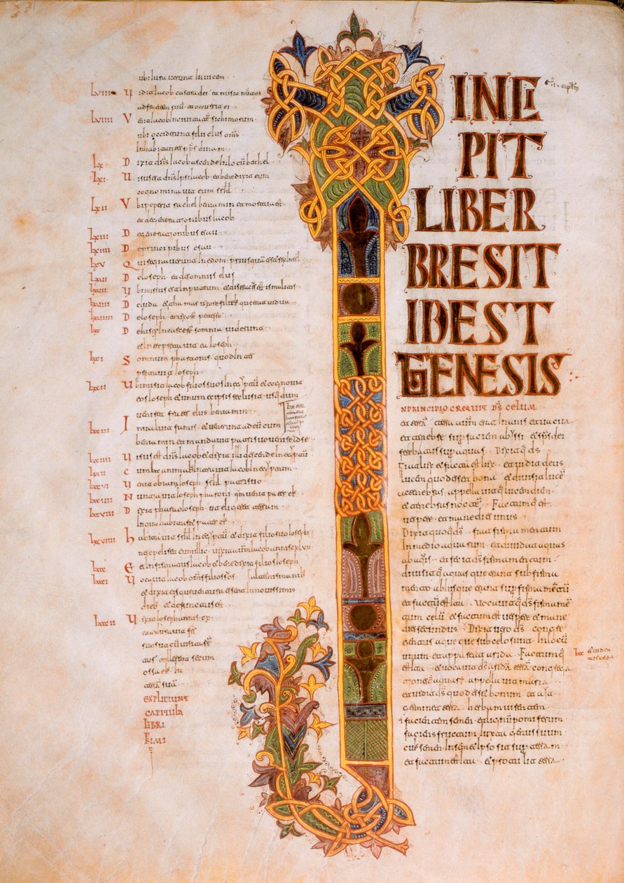 Åpningsside i 1. Mosebok med stor I fra begynnelsen av Bibelen, In Principio creavit Deus caelum, fra den vestgotisk-mosarabiske bibelen til St. Isidores, fol.14v., 960 e.Kr. (tempera o av Spanish School