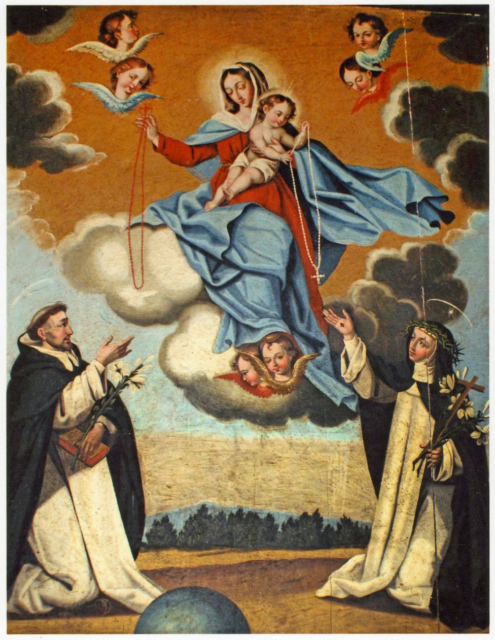 Vår Frue av rosenkransen med St. Dominic og St. Catherine av Siena av Spanish School