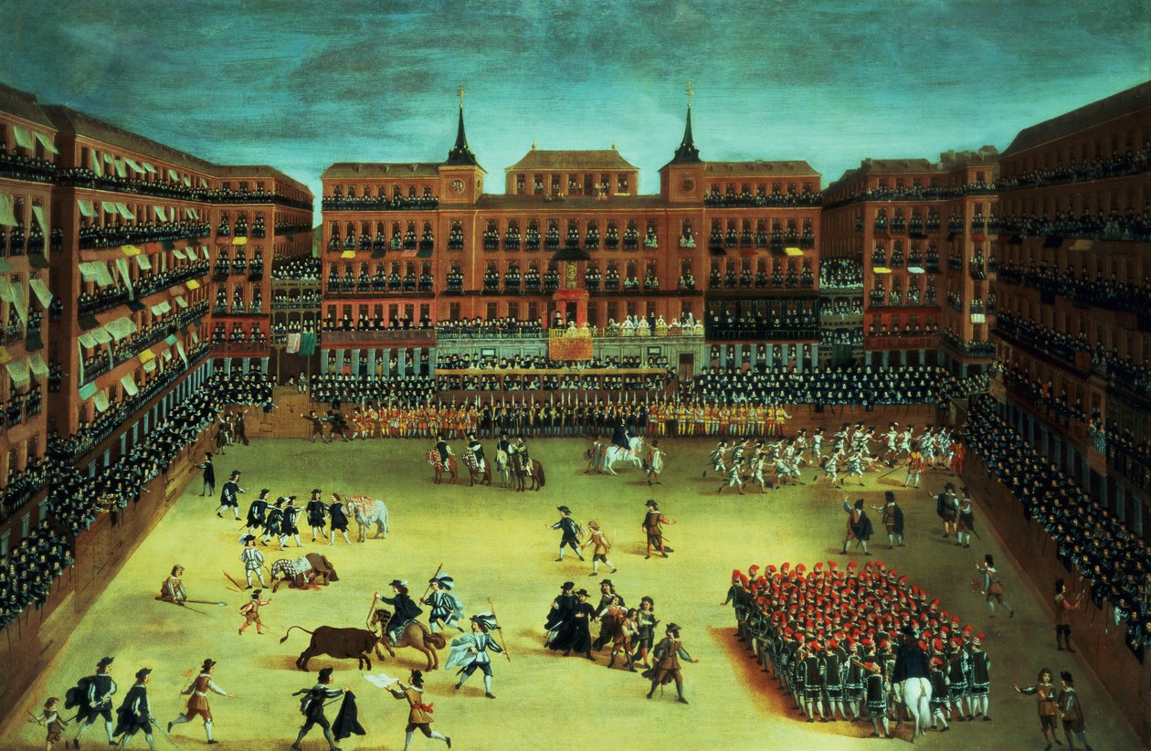 Panorama av en fiesta på Plaza Mayor i Madrid av Spanish School