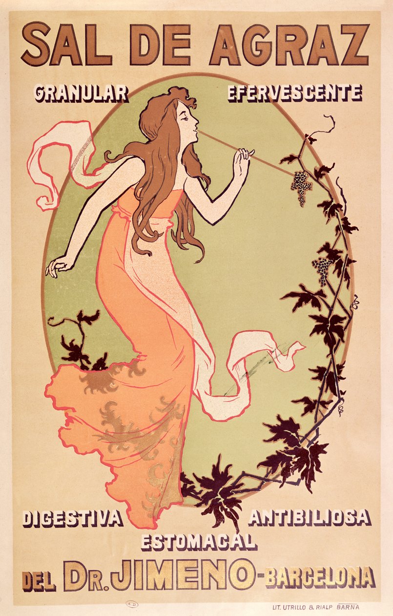 Farmasøytisk reklame for Dr Jimeno Sal de Agraz, ca. 1900 av Spanish School