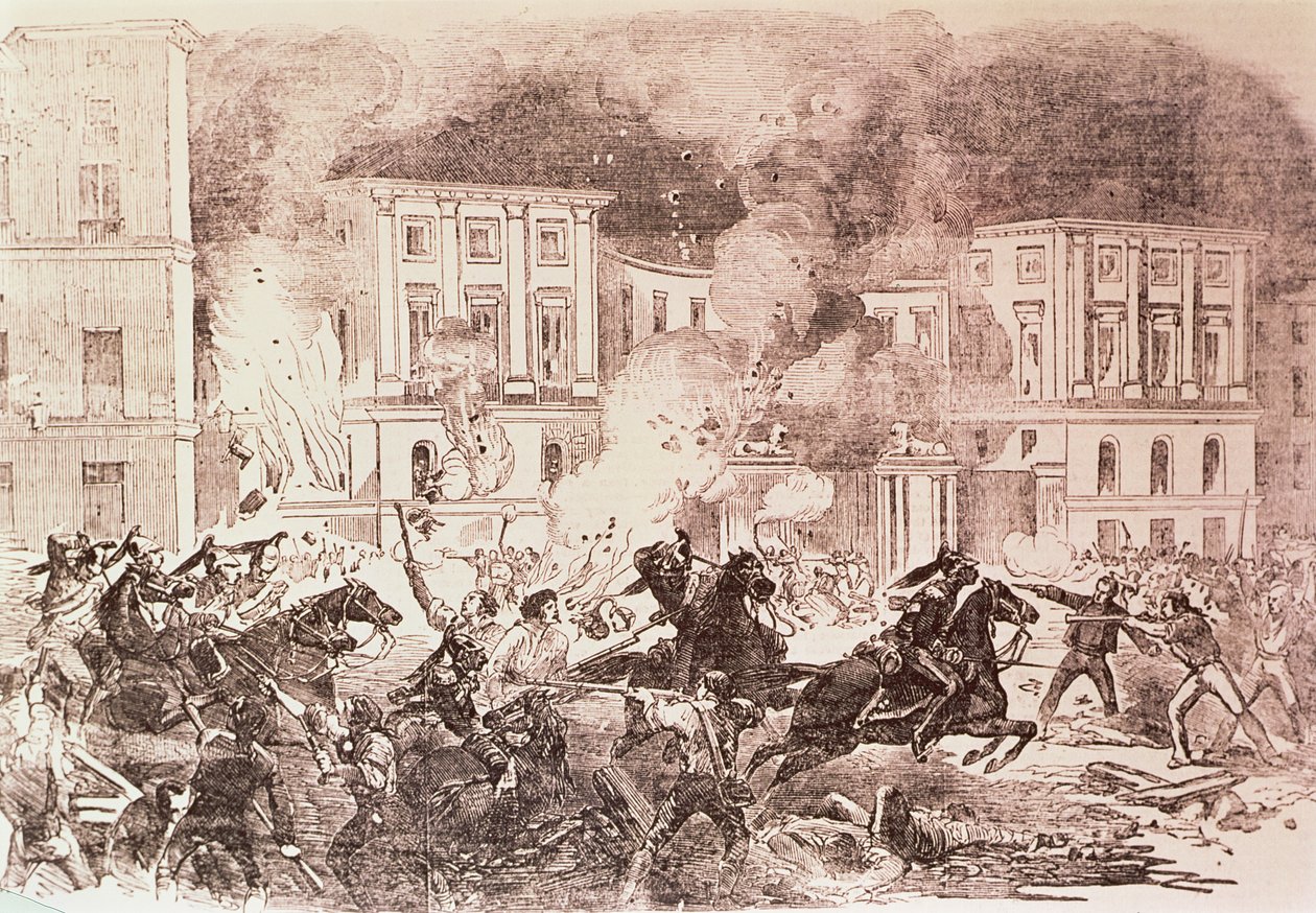 Populistiske opprør i Madrid, The Rioters prøver å sette fyr på palasset til dronning Maria Christina i 1854 (litho) av Spanish School