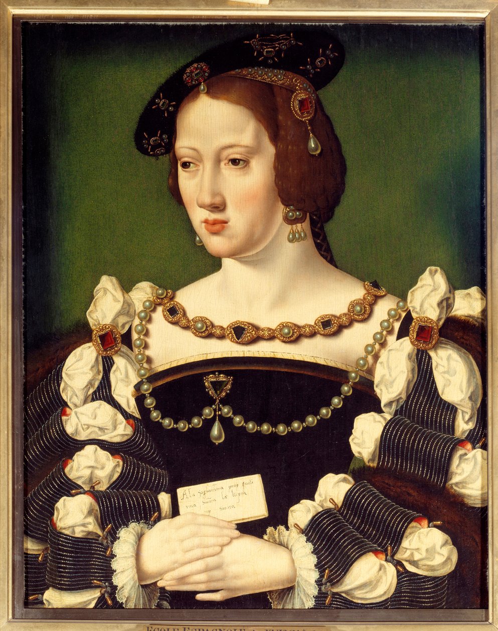 Portrett av Eleonore av Habsburg, erkehertuginne av Østerrike (1498-1558) Dronning av Frankrike, kone til kongen av Frankrike Francois I maleri av den spanske skolen. Det 16. århundre. Chantilly, Conde-museet av Spanish School