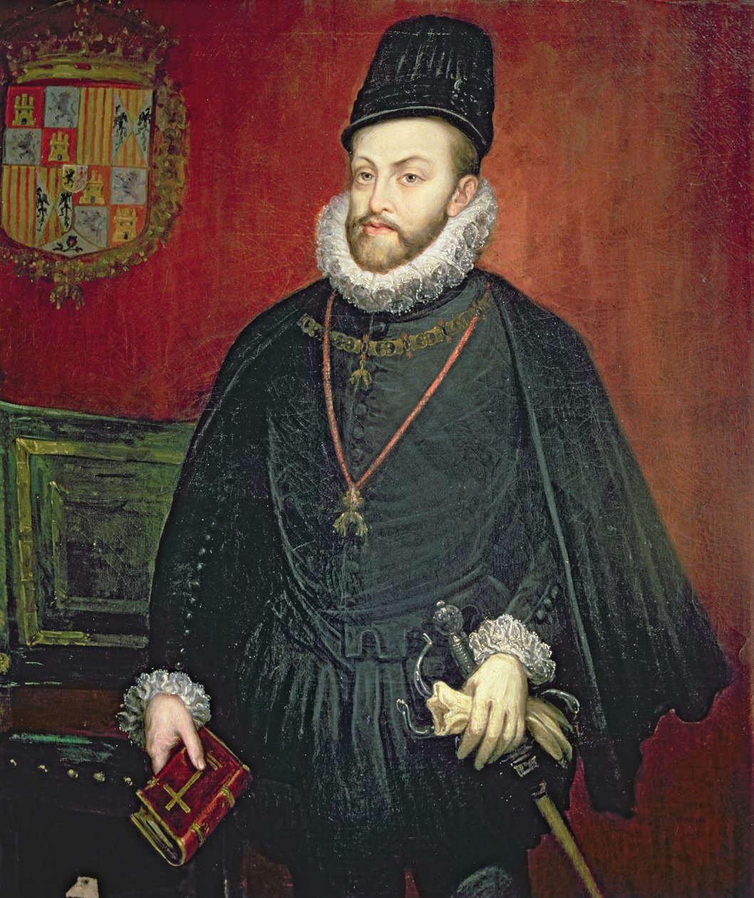 Portrett av Filip II (1527-1598), konge av Spania (o/c) av Spanish School