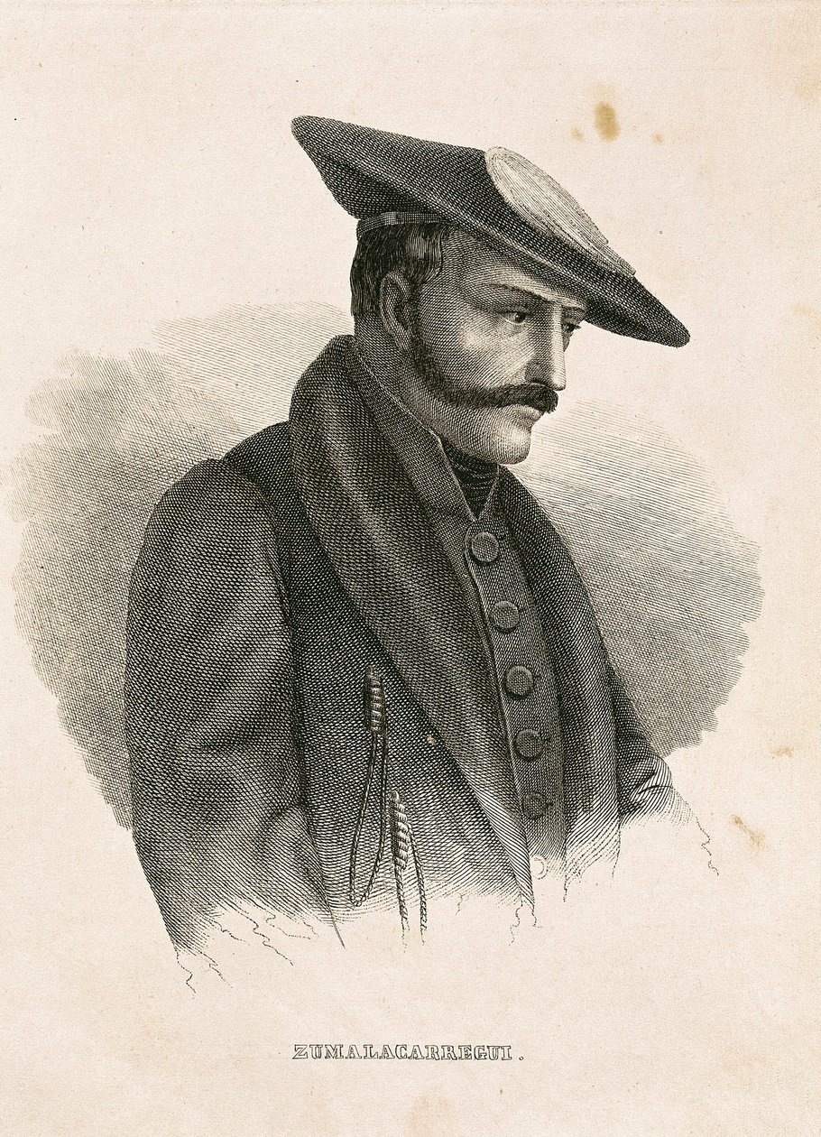 Portrett av Tomas ZUMALACARREGUI (1788-1835), karakter fra den spanske kampanjen eller uavhengighetskrigen og den første carlistkrigen (gravering) av Spanish School