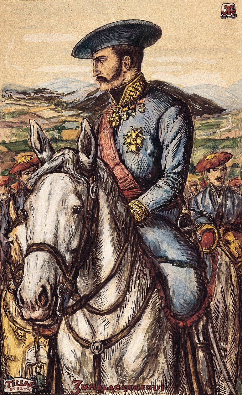 Portrett av Tomas Zumalacarregui (1788-1835), et militært medlem av Carlist-hæren under den første krigen (1833-1840) (litografi) av Spanish School