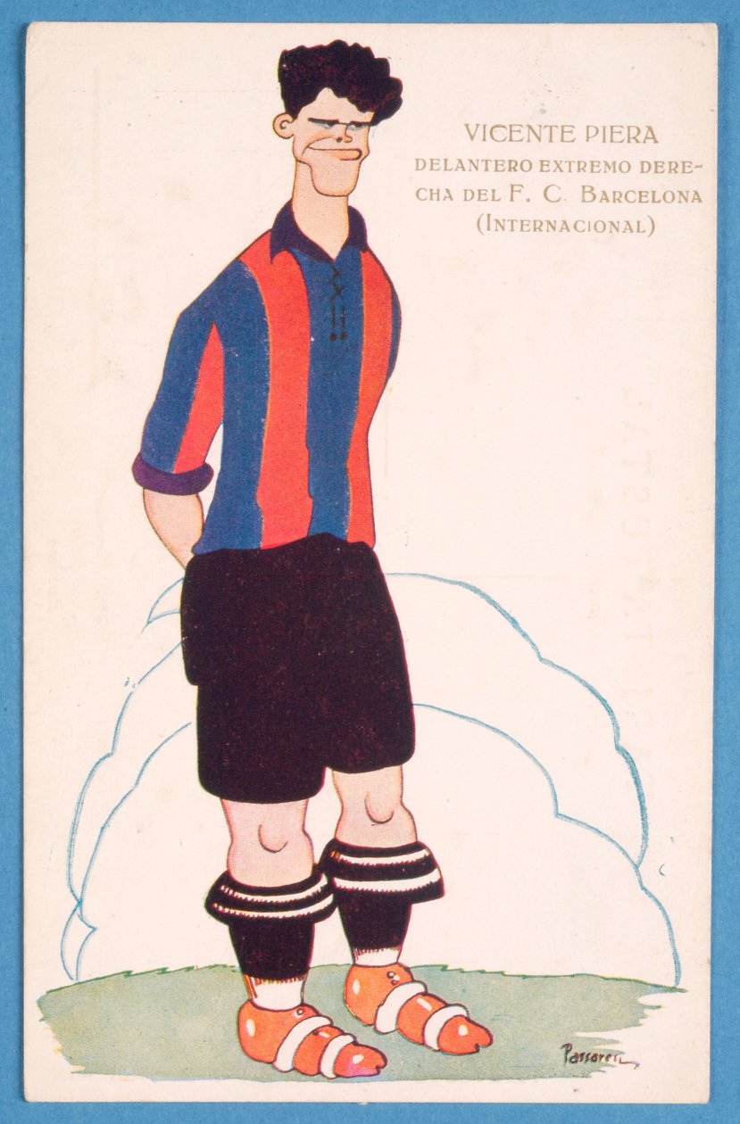 Postkort som viser en karikatur av den spanske fotballspilleren Vicente Piera fra Barcelona av Spanish School