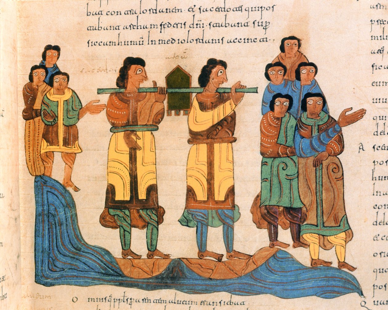 Prester bærer Paktens ark over elven Jordan, 2. Mosebok 16:6, fra den vestgotisk-mosarabiske bibelen til St. Isidores, fol.90r., 960 e.Kr. (tempera på vellum) av Spanish School