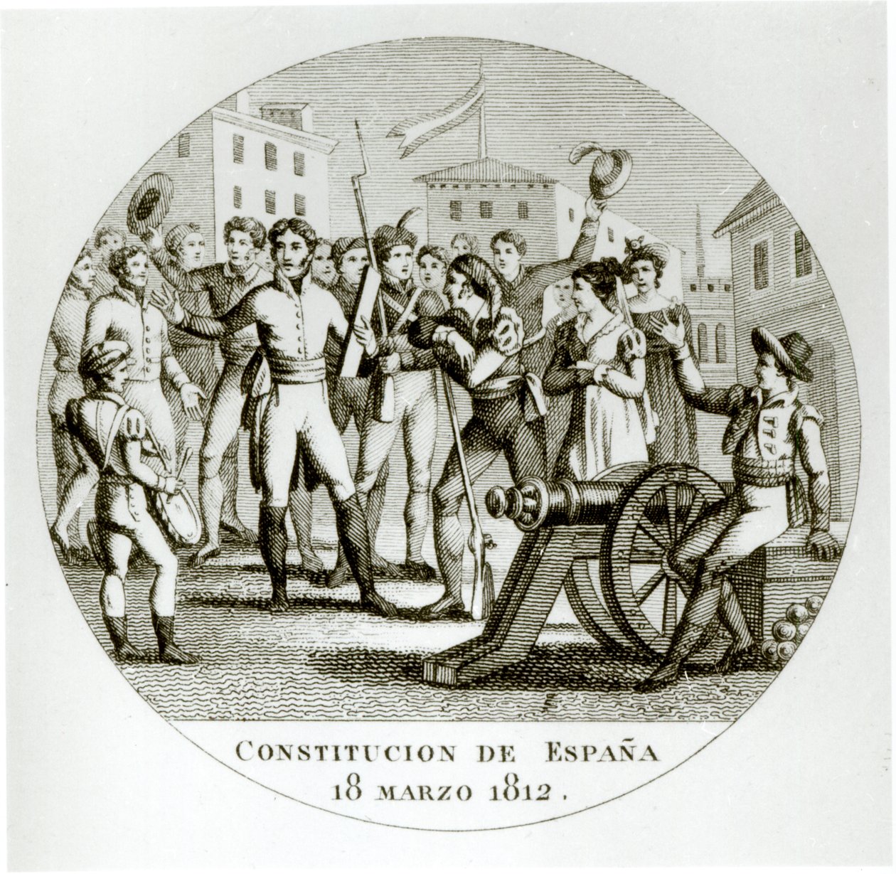 Proklamasjon av den liberale grunnloven av 18. mars 1812, av patriotene, kunngjort i Cadiz av Cortes av Spanish School