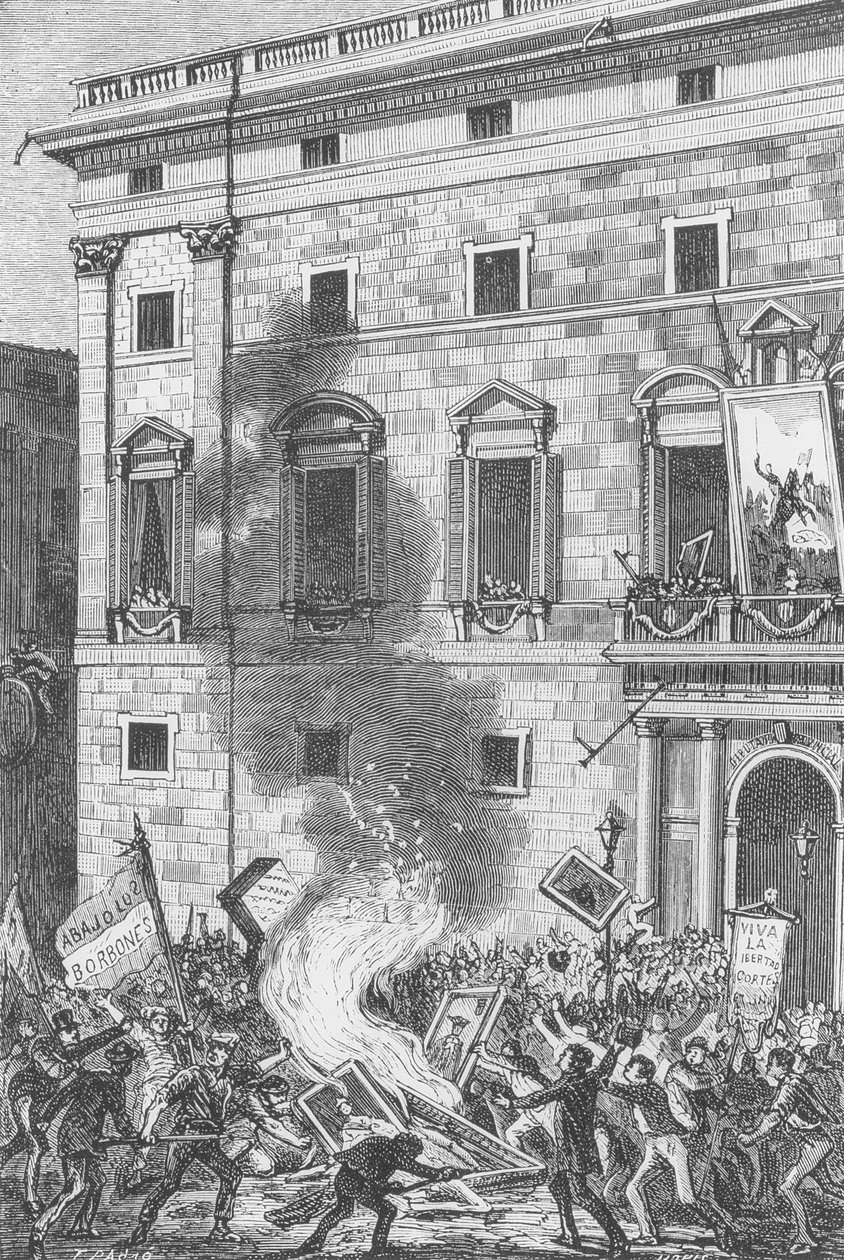 People of Barcelona Burning Portraits of the Bourbons, 1868 (gravering) av Spanish School