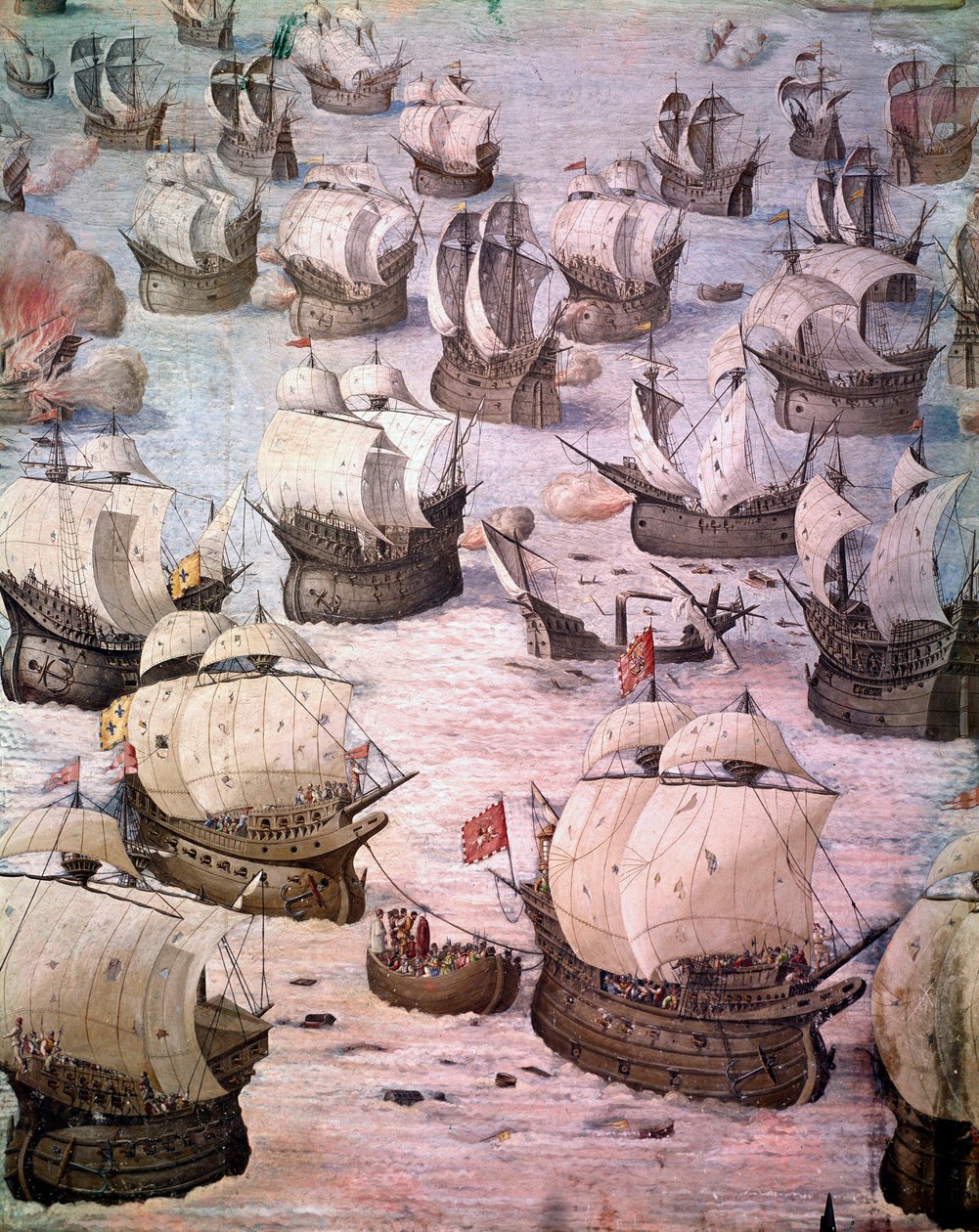 Regatta av spanske galjoner under en ekspedisjon til Acores i 1582 under Filip II (1527-1598), konge av Spania. freskomaleri fra 1500-tallet. Hall of Battles, Palace of the Escorial, Madrid. av Spanish School