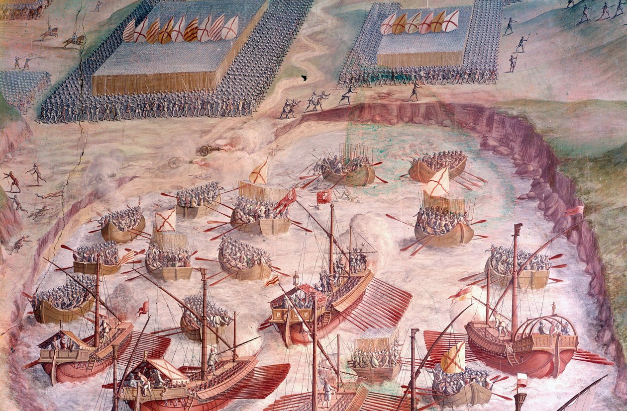 Regatta av spanske galjoner under en ekspedisjon til Acores i 1582 under Filip II (1527-1598), konge av Spania. freskomaleri fra 1500-tallet. Hall of Battles, Palace of the Escorial, Madrid. av Spanish School