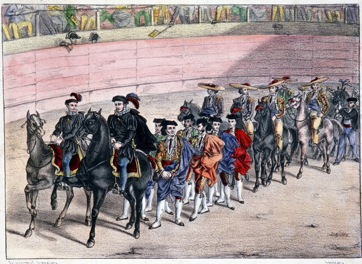 Utgivelse av kvadrille, corrida i Spania, litografi sd. 1800-tallet av Spanish School