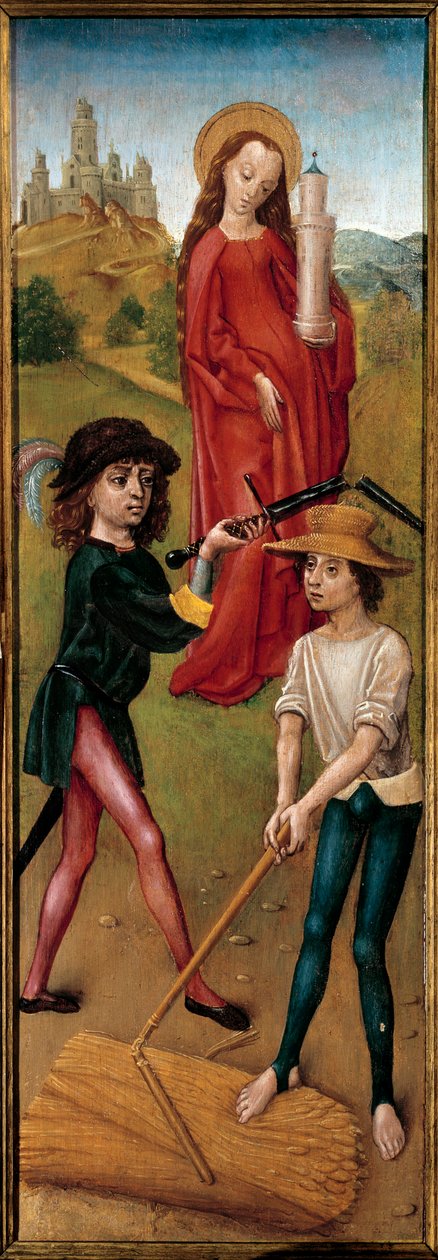 Saint Barbe og to bønder klipper bles Maleri på tre av den spanske skolen. 1400-tallet. Paris, dekorativ kunst av Spanish School