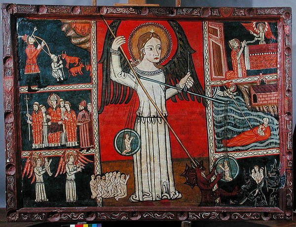 Saint Michael beseiret djevelen fremstilt som en drage og veier sjeler på en vekt (olje på panel) av Spanish School