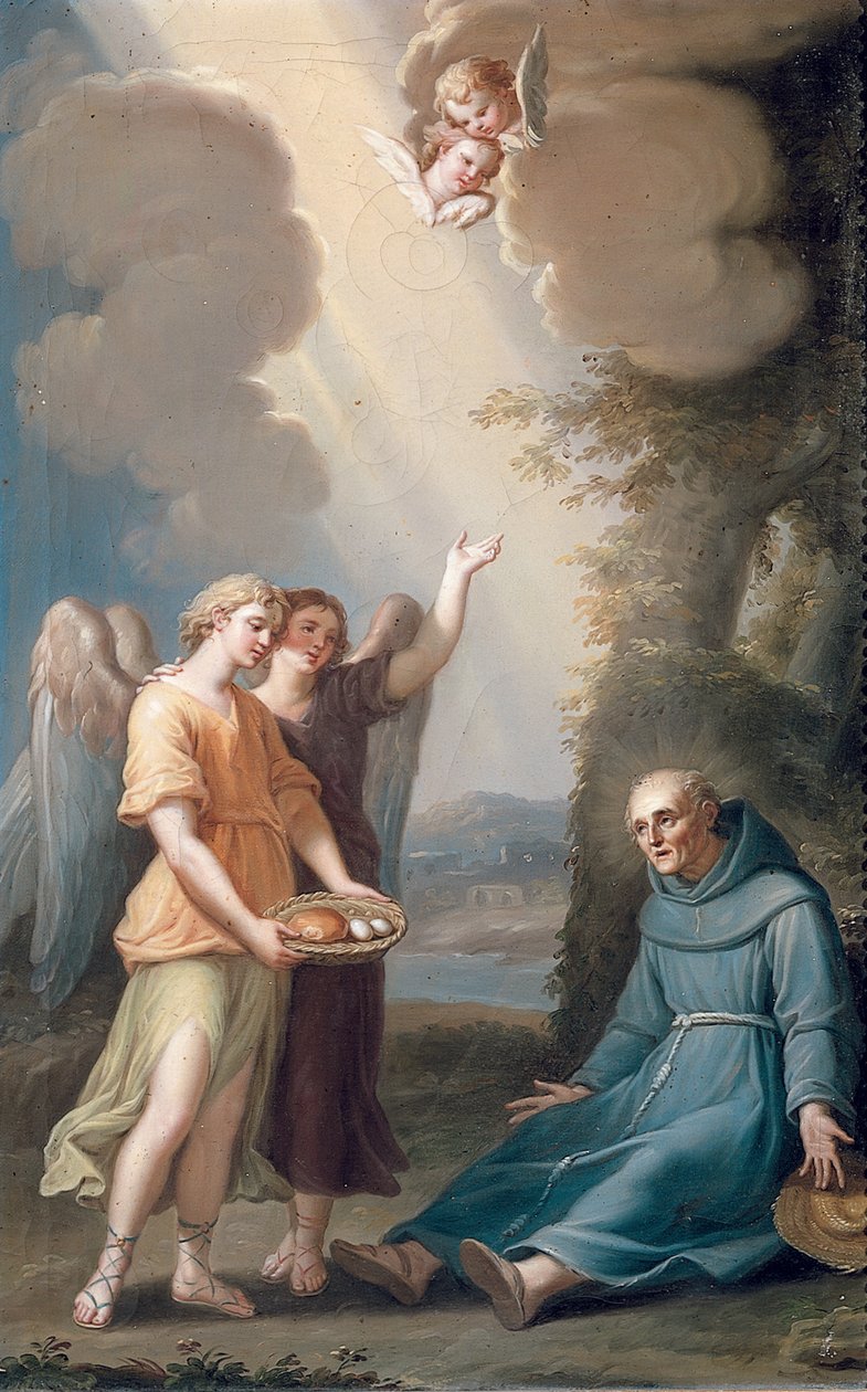 Saint Sebastian av Aparicio mottar mat fra engler, sent på 1700-tallet av Spanish School