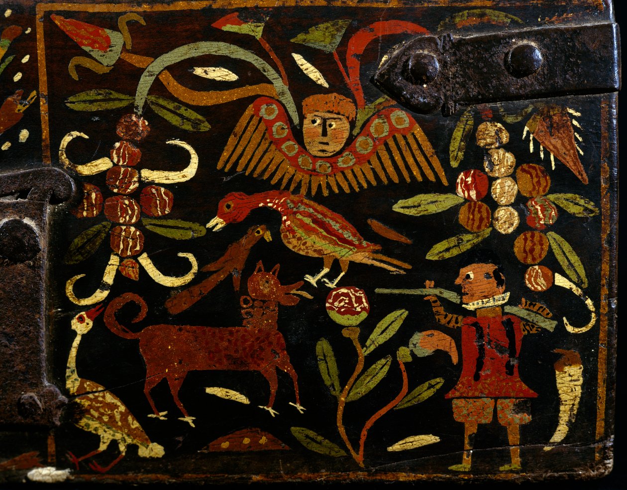 Scene som skildrer spanske jeger og indiske motiver, detaljer fra malt trestamme, kolonialtid, spansk opprinnelse, Bolivia av Spanish School