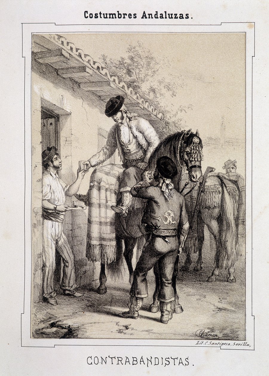 Smuglere, "" Andalusian Costumes"" av D Antonio Chaman av Spanish School