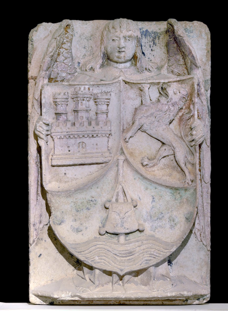 Spansk lapp fra 1300-tallet: våpenskjold fra Castilla og Leon, stokken til pelerin evoque Saint Jacques de Compostela, bevart i cistercienserklosteret Fontenay, Burgund (våpenskjoldet til Castilla og León, Spania av Spanish School