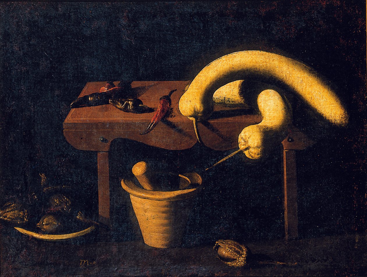 Stilleben med paprika og gresskar på en benk med morter og støder og døde fugler, ca. 1620 (olje på lerret) av Spanish School