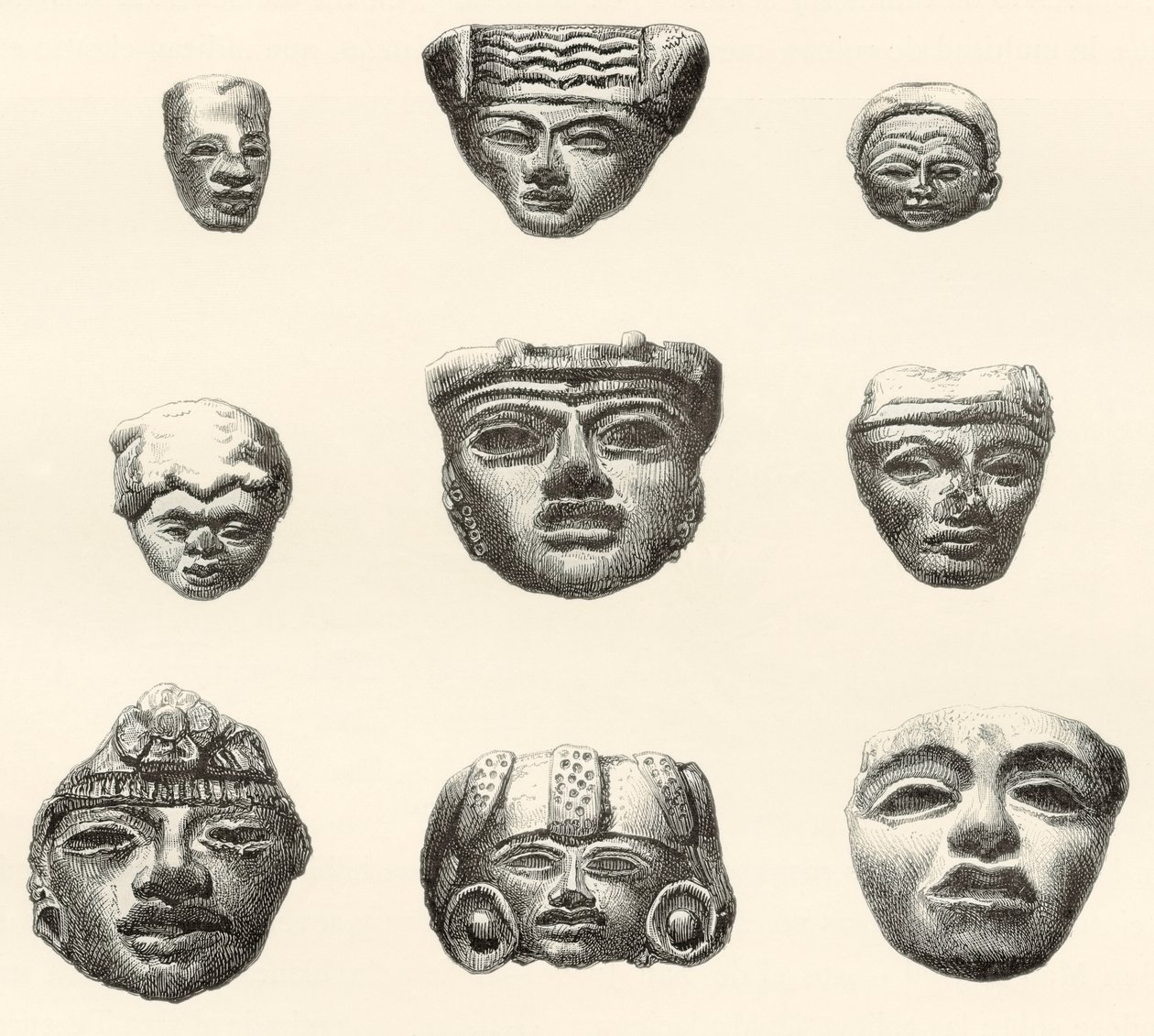 Steinhoder og masker funnet i Teotihuacan, Mexico av Desiré Charnay under hans ekspedisjon i 18801883 av Spanish School