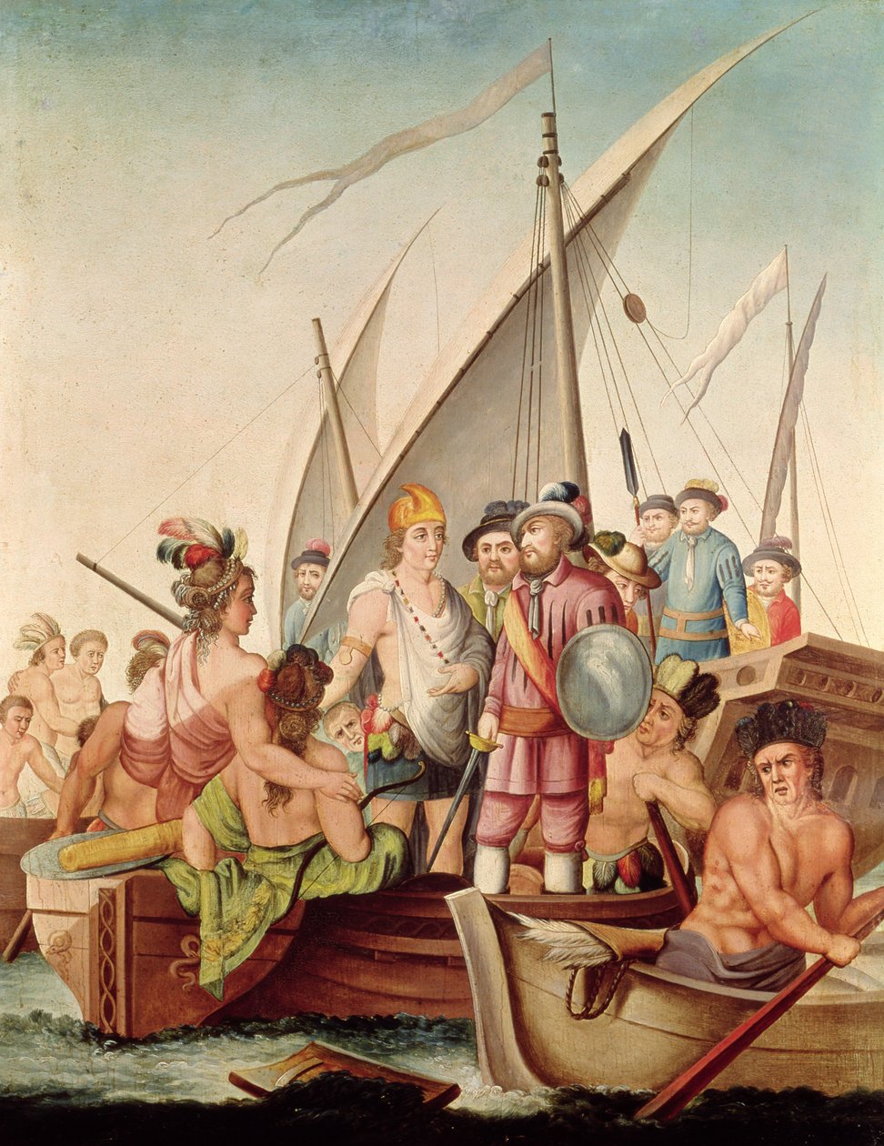 Ankomsten til Hernando Cortes (1485-1547) i Mexico av Spanish School