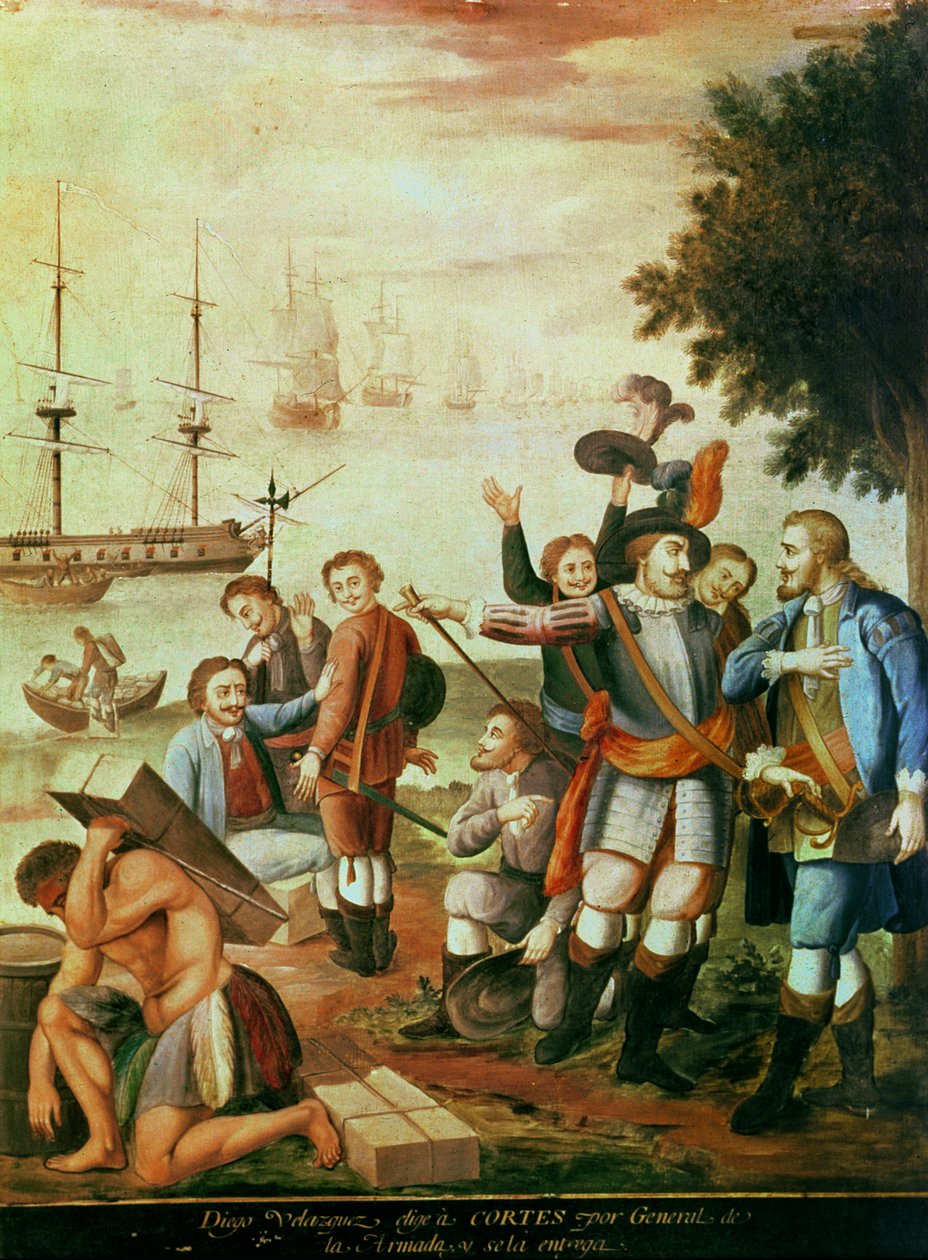 Erobringen av Mexico: Diego Velasquez de Cuellar (1465-1524) velger Hernando Cortes (1485-1547) som general for Armadaen og gir ham kommando (olje på lerret) av Spanish School