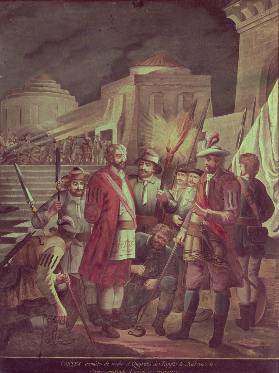 Erobringen av Mexico: Hernando Cortes (1485-1547) angriper distriktet Panfilo Narvaez om natten (olje på lerret) av Spanish School