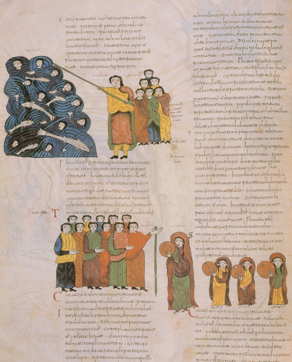 Krysset av Rødehavet og de hebraiske kvinnenes dans til lyden av tamburinene til Moses og hans akkompagnatører, fra den visigotisk-mosarabiske bibelen til St. Isidores, fol.39., 960 e.Kr. (tem. av Spanish School