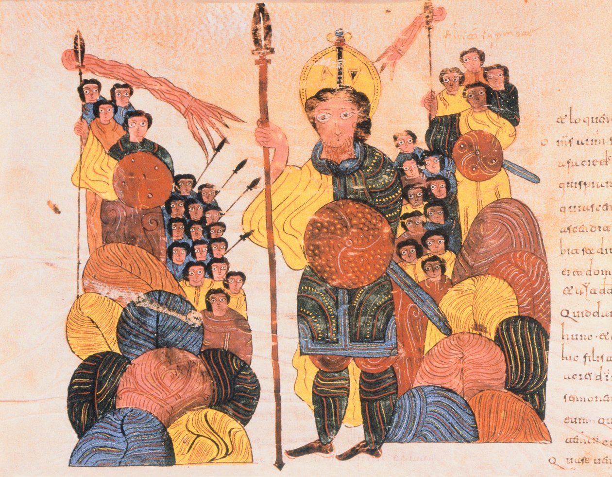 The Defeat of Goliath, fra den visigotisk-mosarabiske bibelen til St. Isidores, fol.118v., 960 e.Kr. (tempera på vellum) av Spanish School