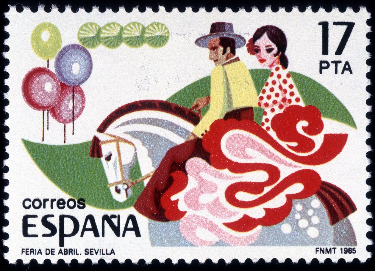 The Feria of Sevilla: par i folkedrakt til hest - Spansk stempel av Spanish School
