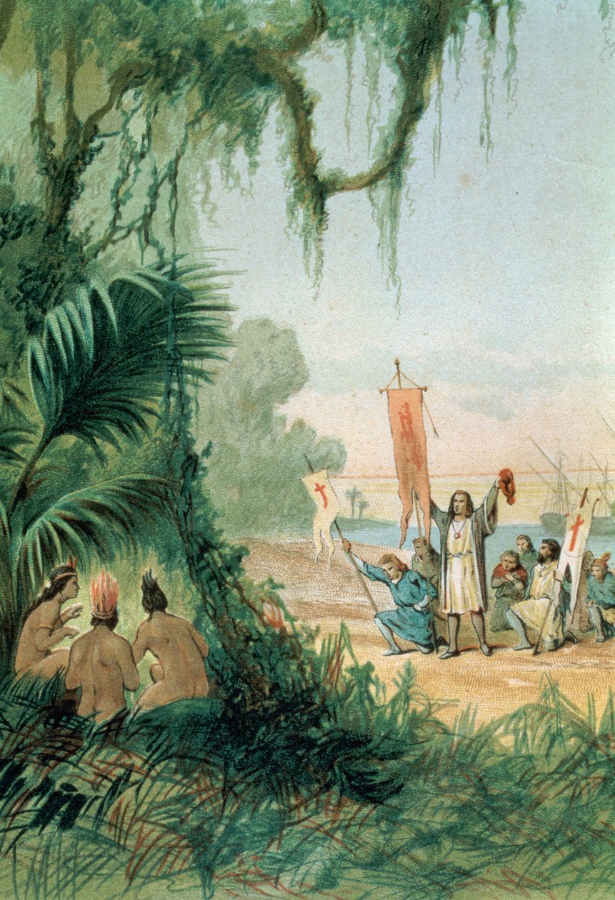 The Landing of Christopher Columbus (1451-1506) på øya San Salvador den 12. oktober 1492, fra "The Discovery of America", pub. Barcelona av Spanish School